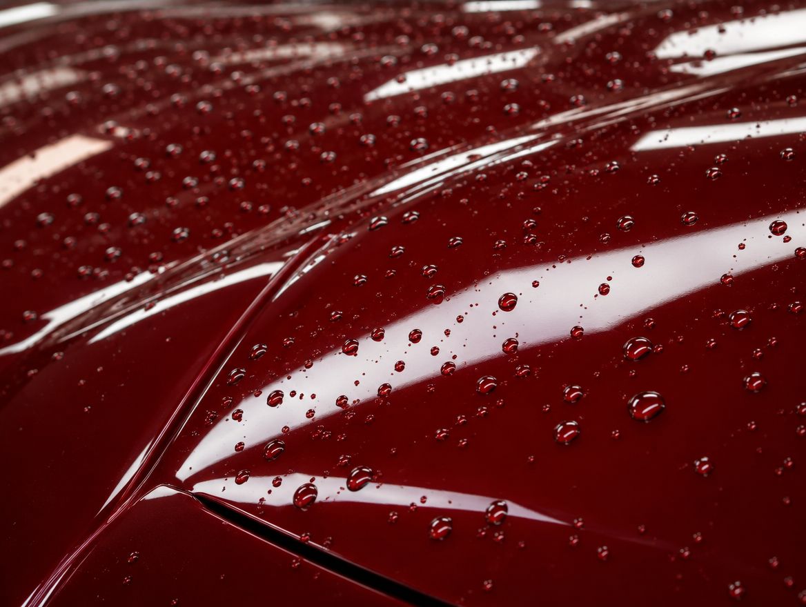 A glossy red bonnet with water beading on it after a ceramic coating